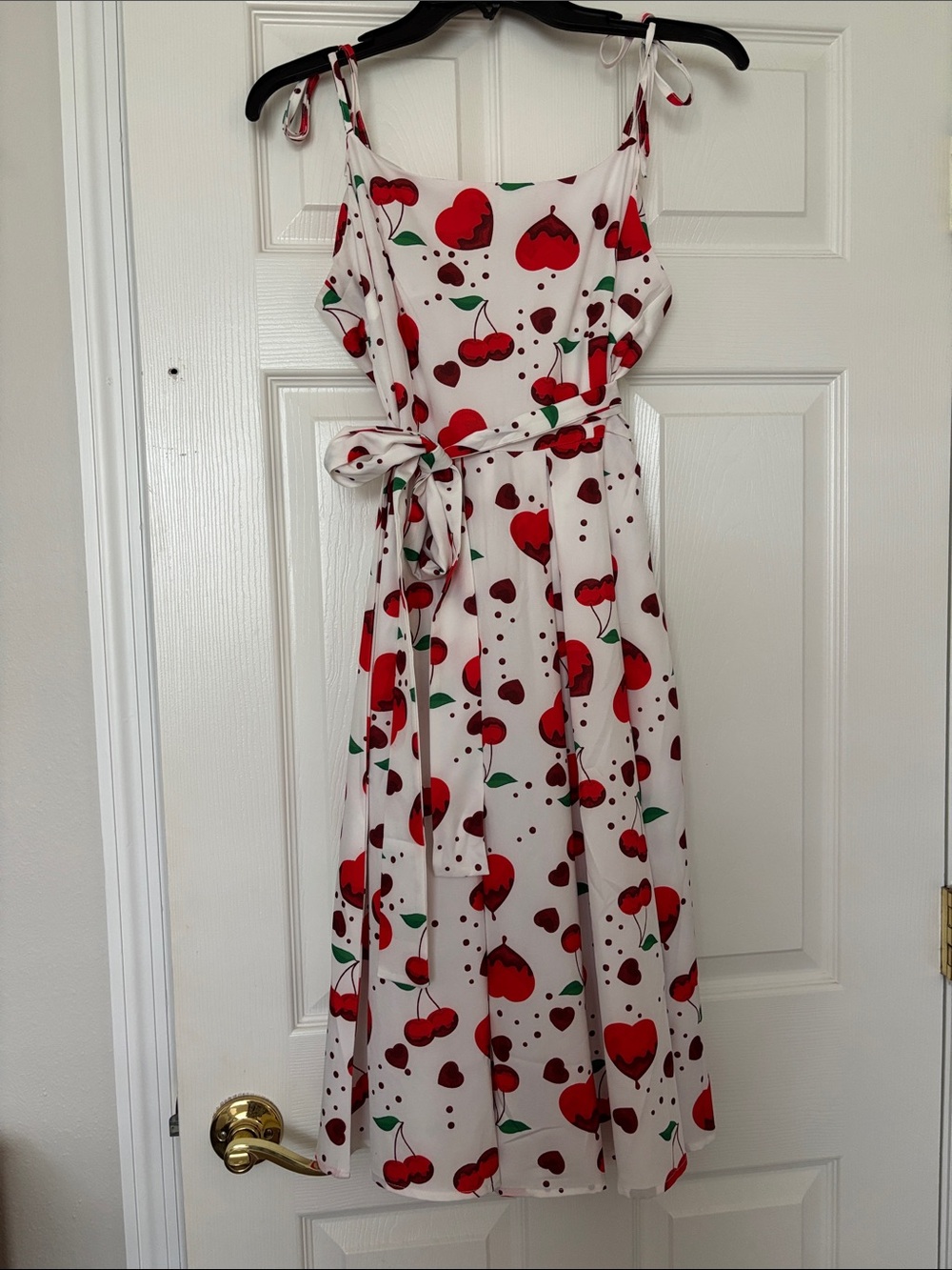 Temu White Cherry Print Tie-Strap Sundress Sz S